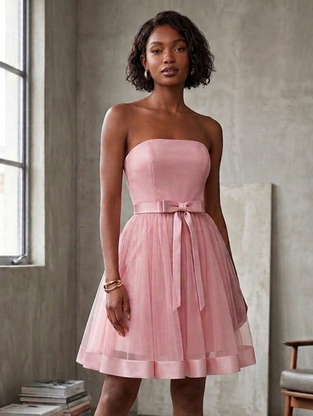 Alfred Angelo Tea Rose Strapless Satin Dress with Tulle Size 8